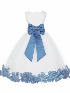 White Flower-Trim Tulle Formal Dress with Blue Bow Sash